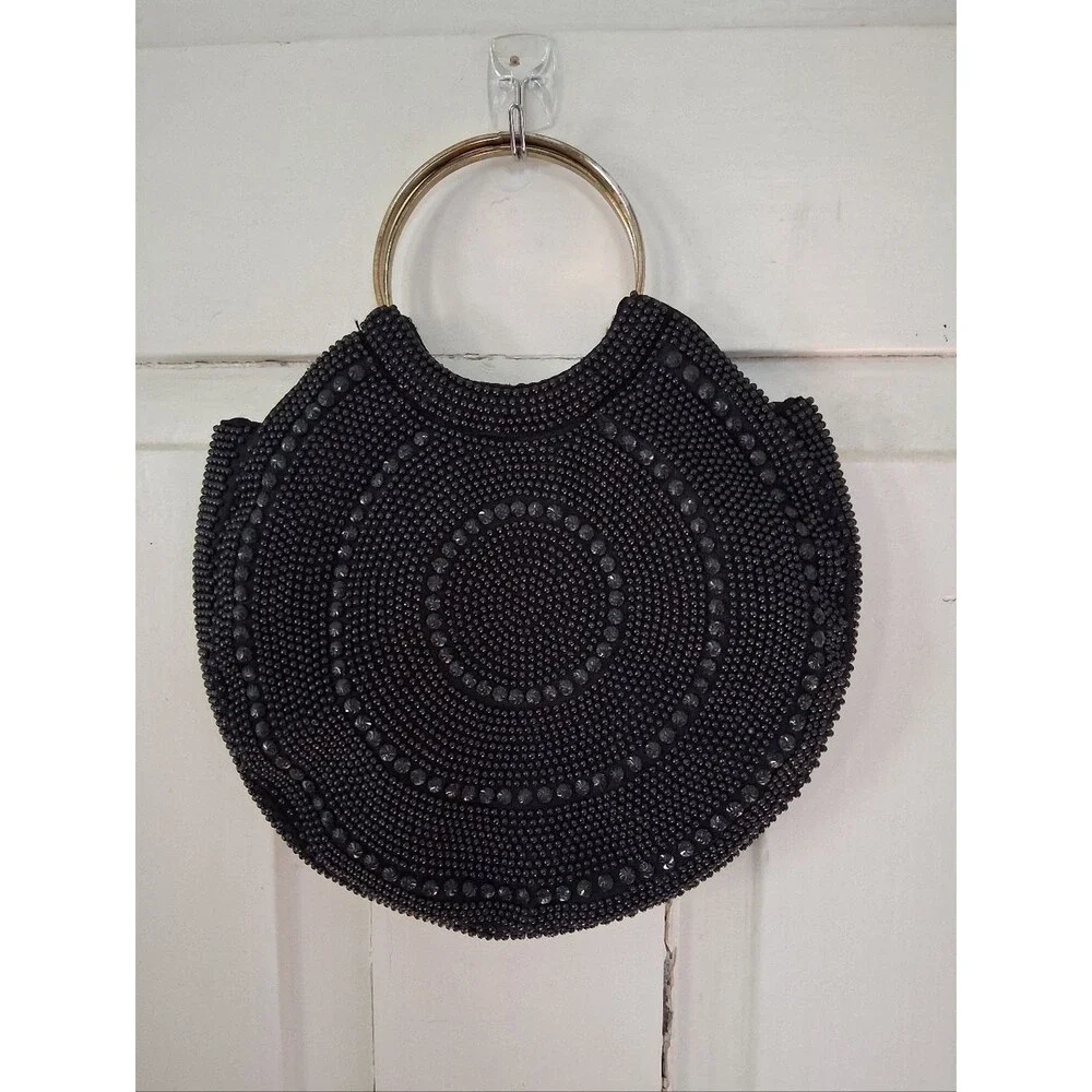 Blk Beaded Circle Evening Bag w/ Gold Tone Metal Ring Handles Vintage Hong Kong